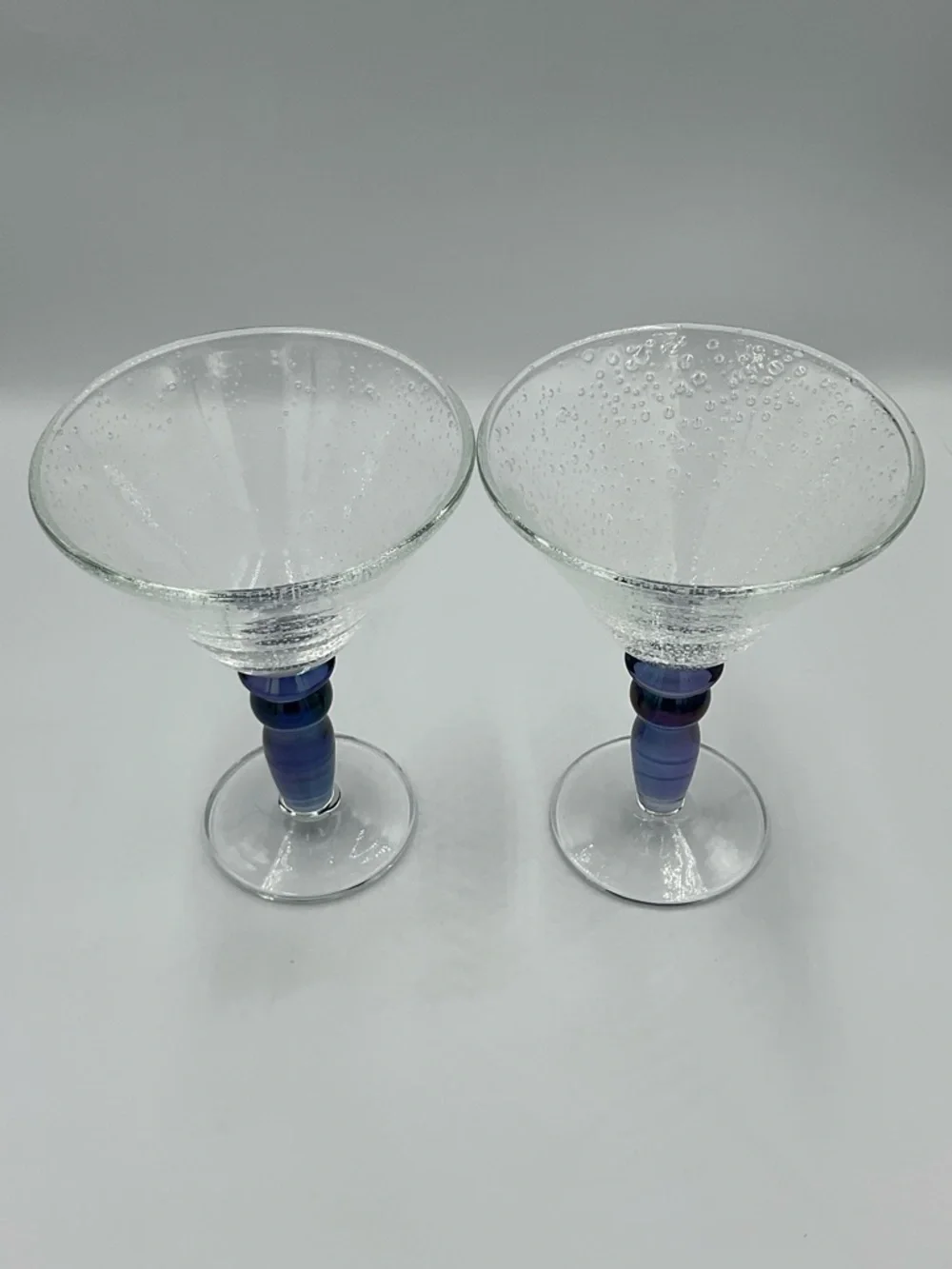 Vintage Pottery Barn Bubble Martini Glasses with Iridescent Blue Stems-Set of 2